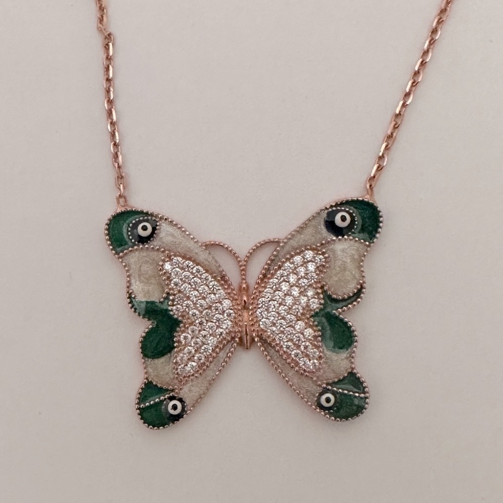 Green butterfly evil eye eyes 925 silver necklace - Picture 2 of 4